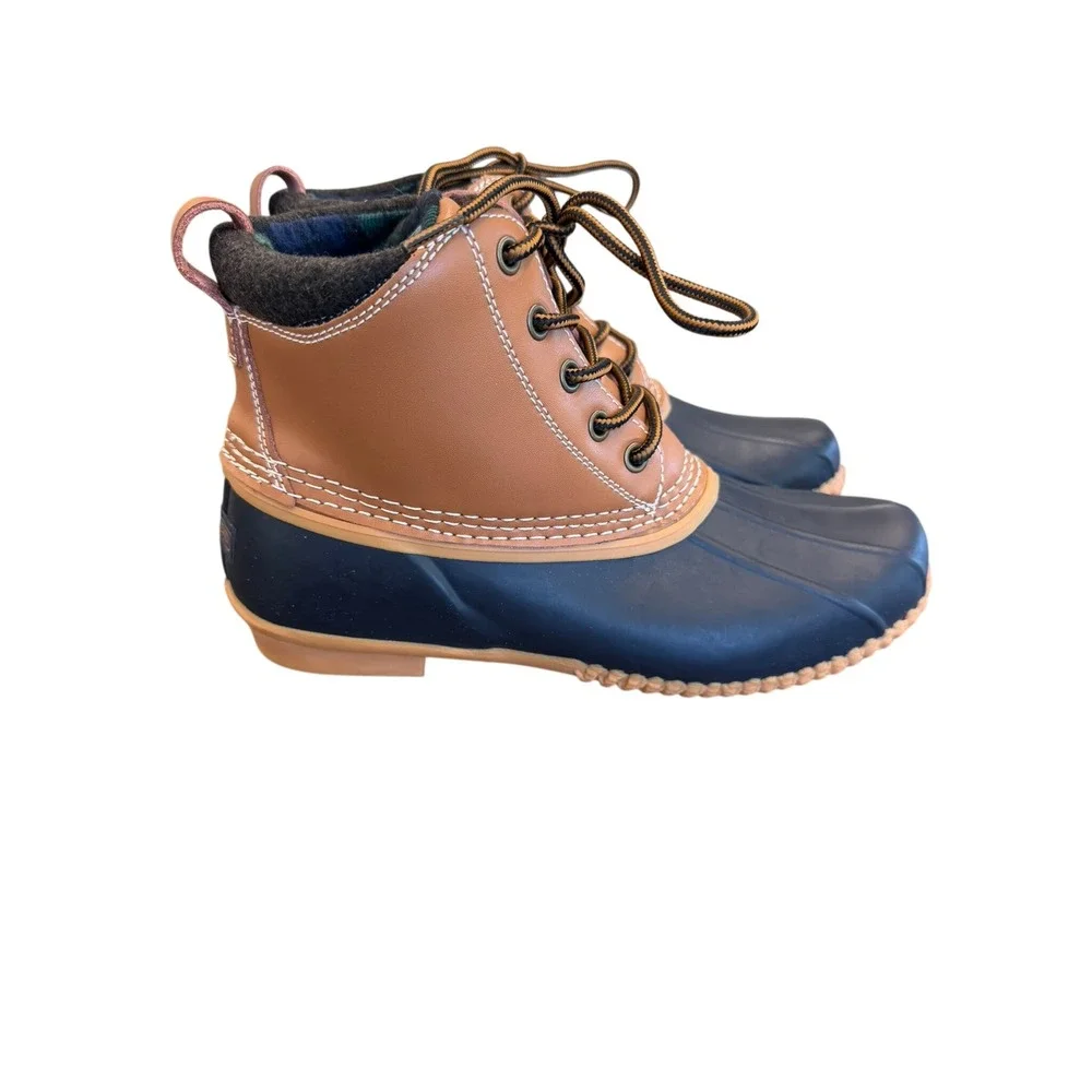 Lands End Womens Insulated Duck‎ Boots Navy Tan Plaid Lined Size 9M 550708